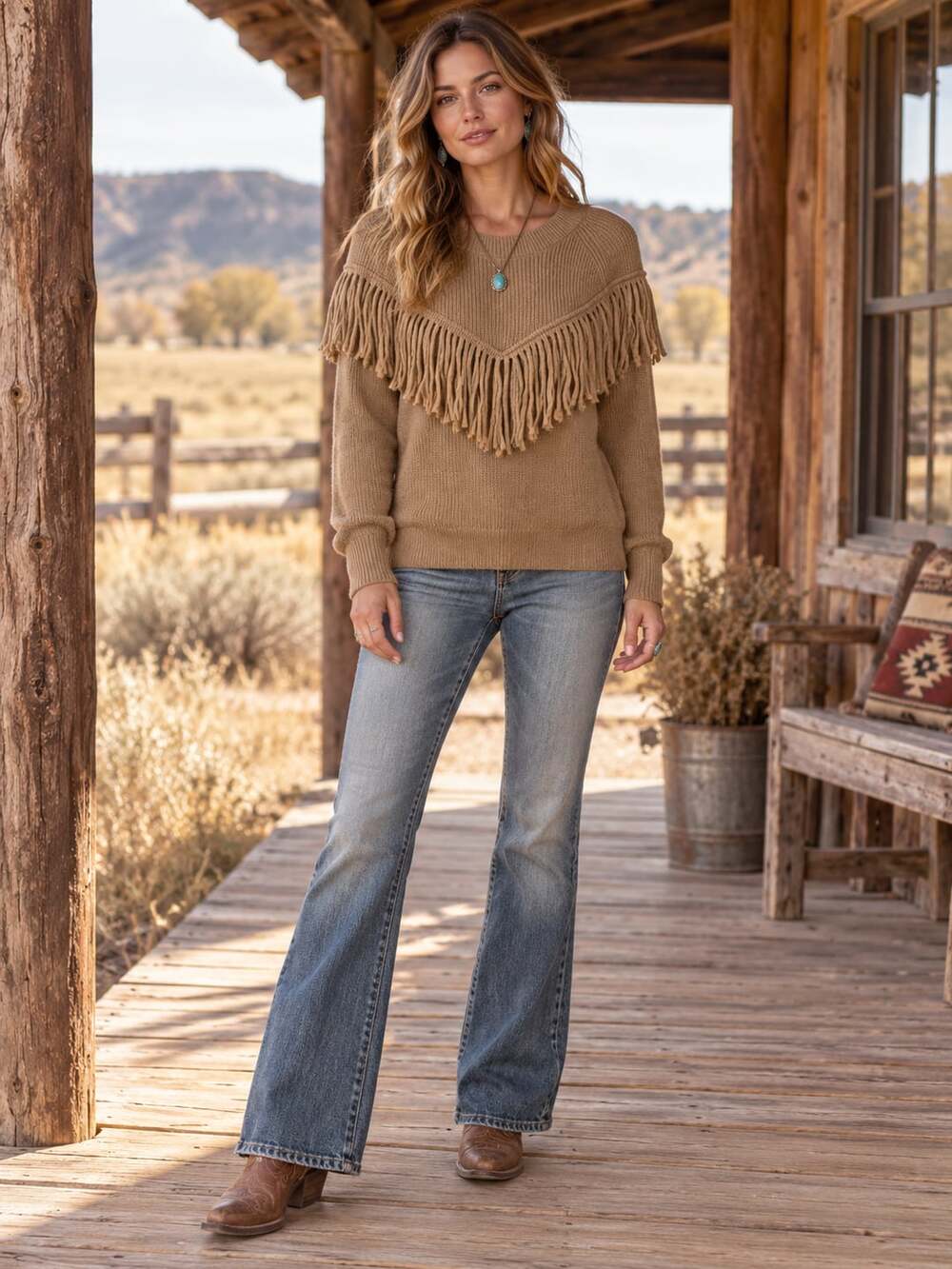 LOFT Fringe Sweater Women’s Small Camel Tan Knit Western Boho Pullover